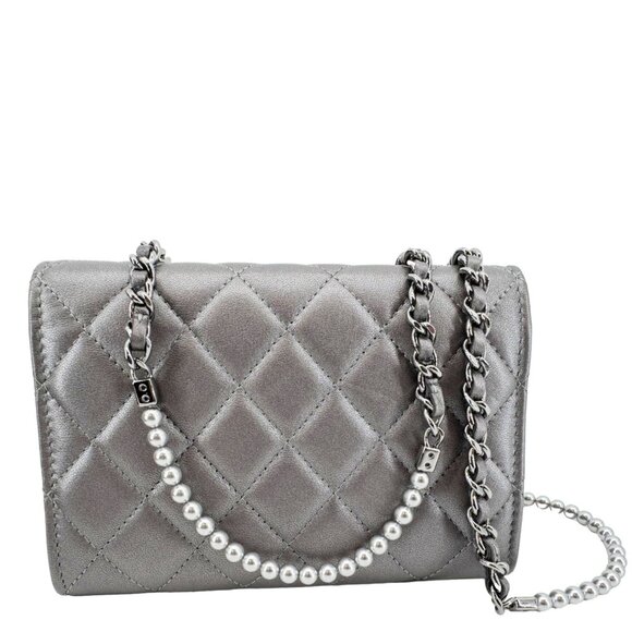 Chanel Pearl My Shoulder Mini Lambskin Quilted Leather Wallet Silver - Picture 4 of 13